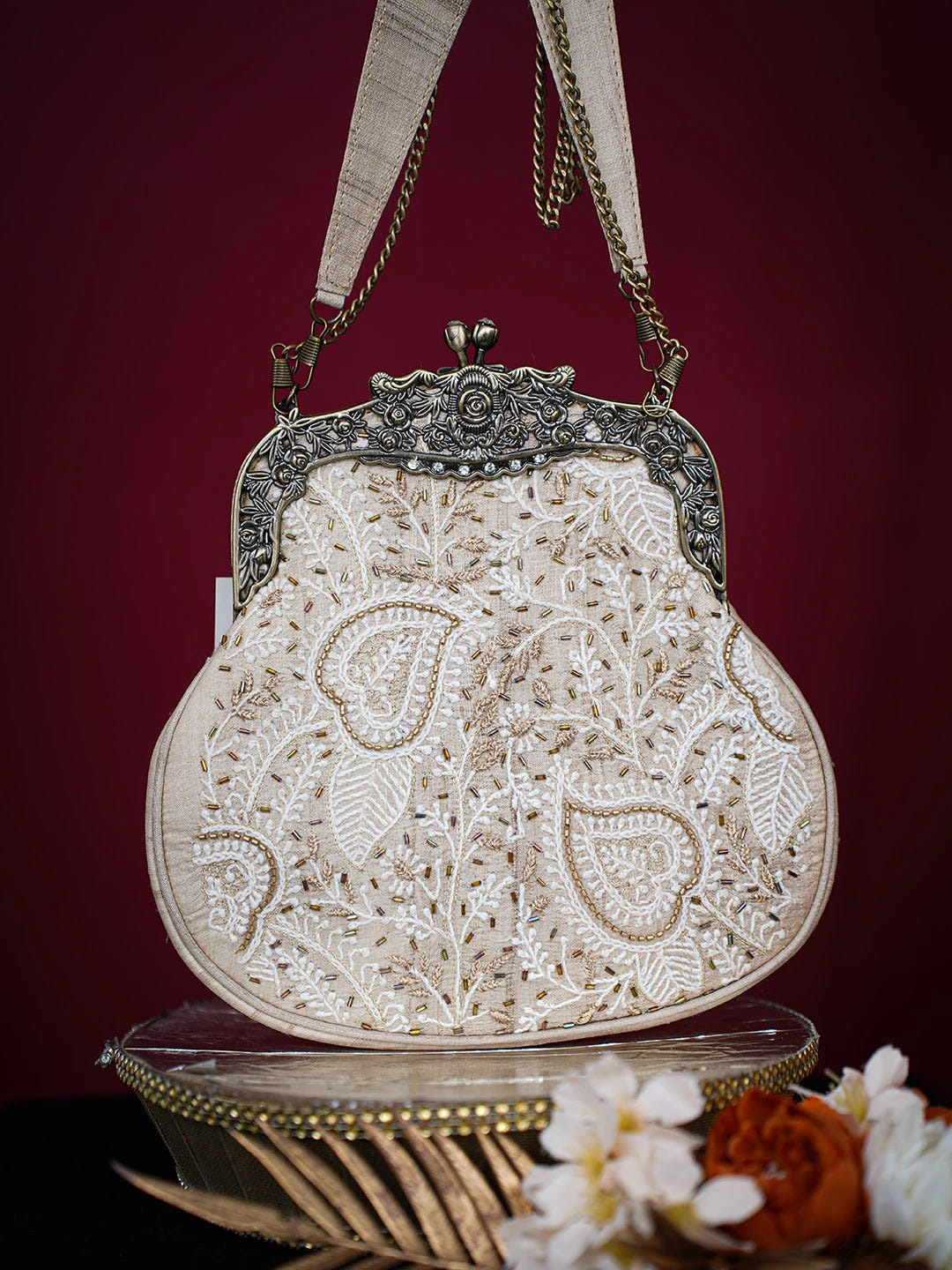 Ada Hand Embroidered Fawn Silk Lucknowi Chikankari Clutch With Zari Work 01A725965