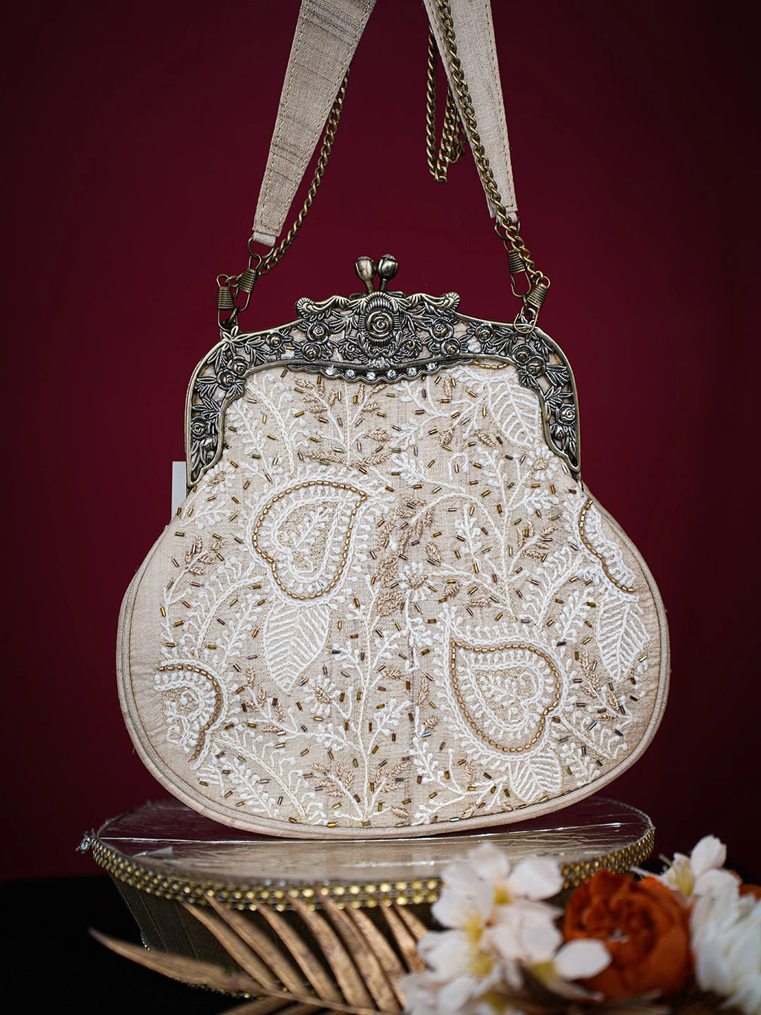 Ada Hand Embroidered Fawn Silk Lucknowi Chikankari Clutch With Zari Work 01A725965