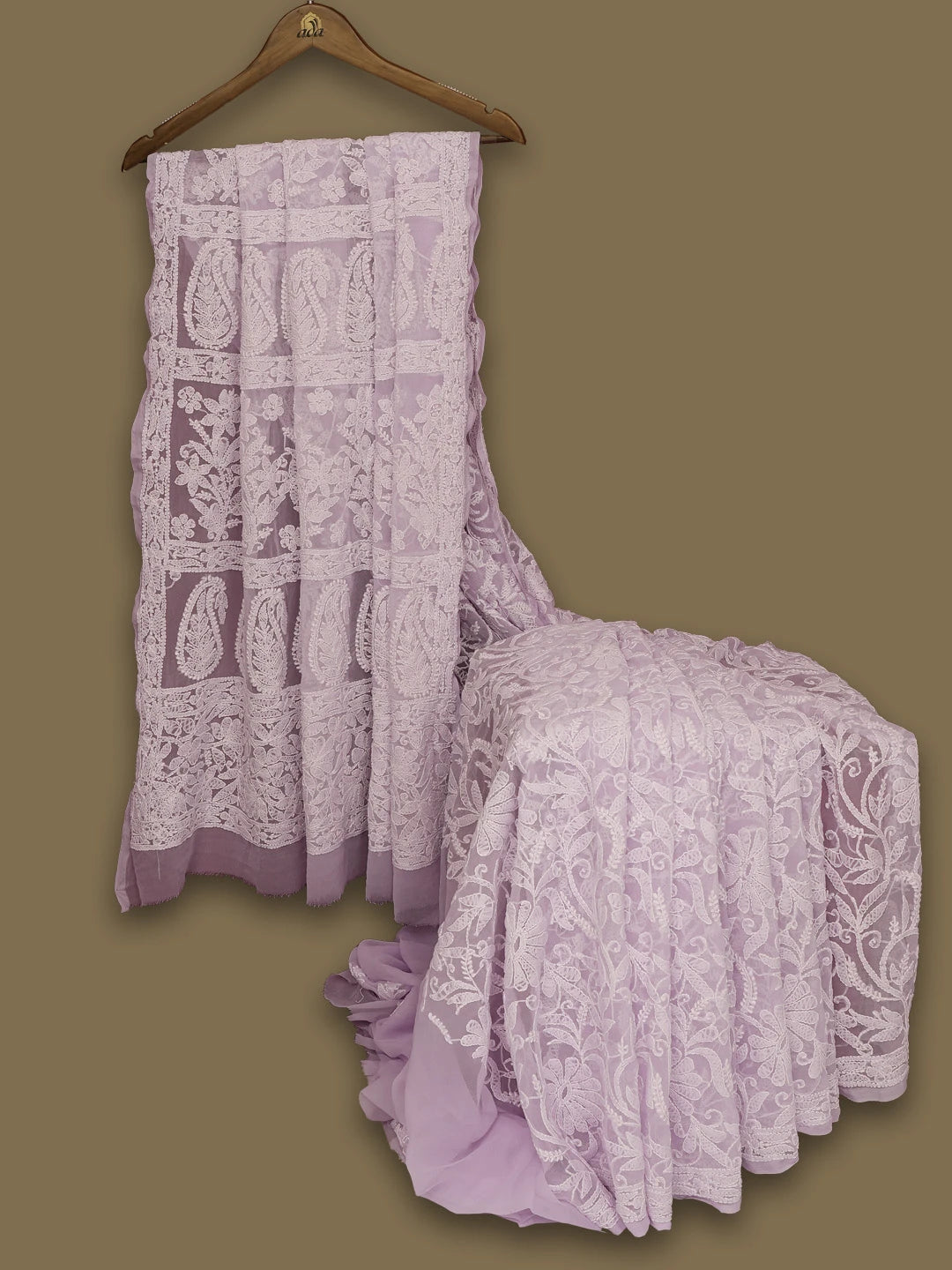 Ada Hand Embroidered Lavender Georgette Lucknowi Chikankari Saree With Blouse 01A725516