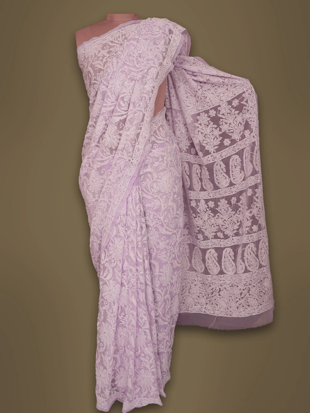 Ada Hand Embroidered Lavender Georgette Lucknowi Chikankari Saree With Blouse 01A725516