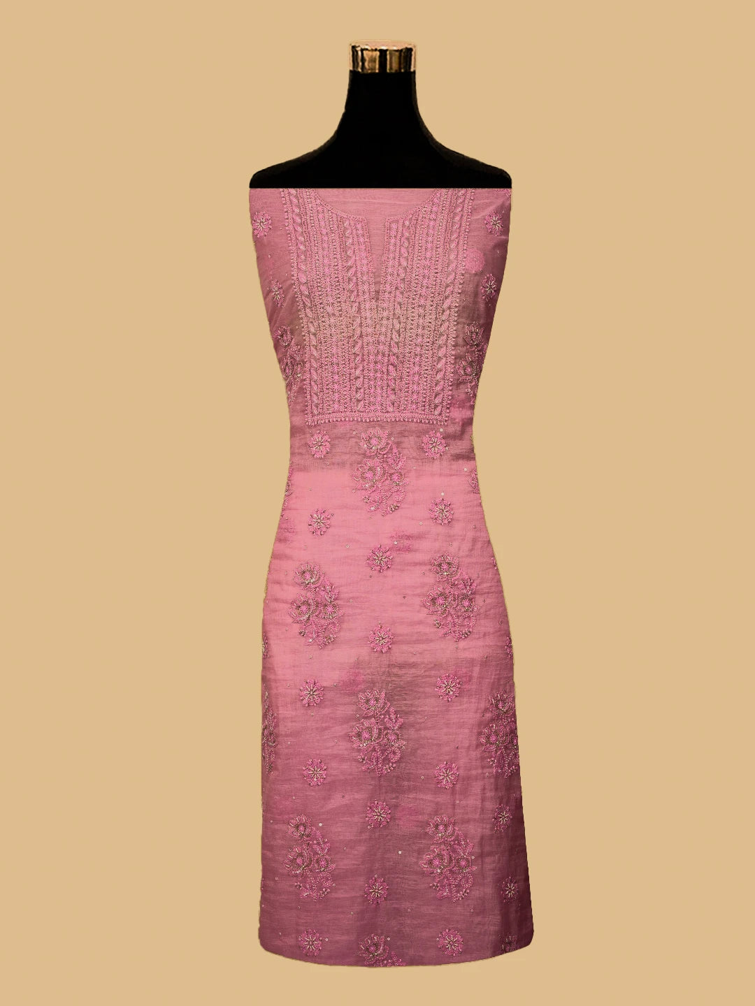 Ada Hand Embroidered Pink Chanderi Lucknowi Chikankari Unstitched Kurta Dupatta Set With Cutdana Work 01A685258