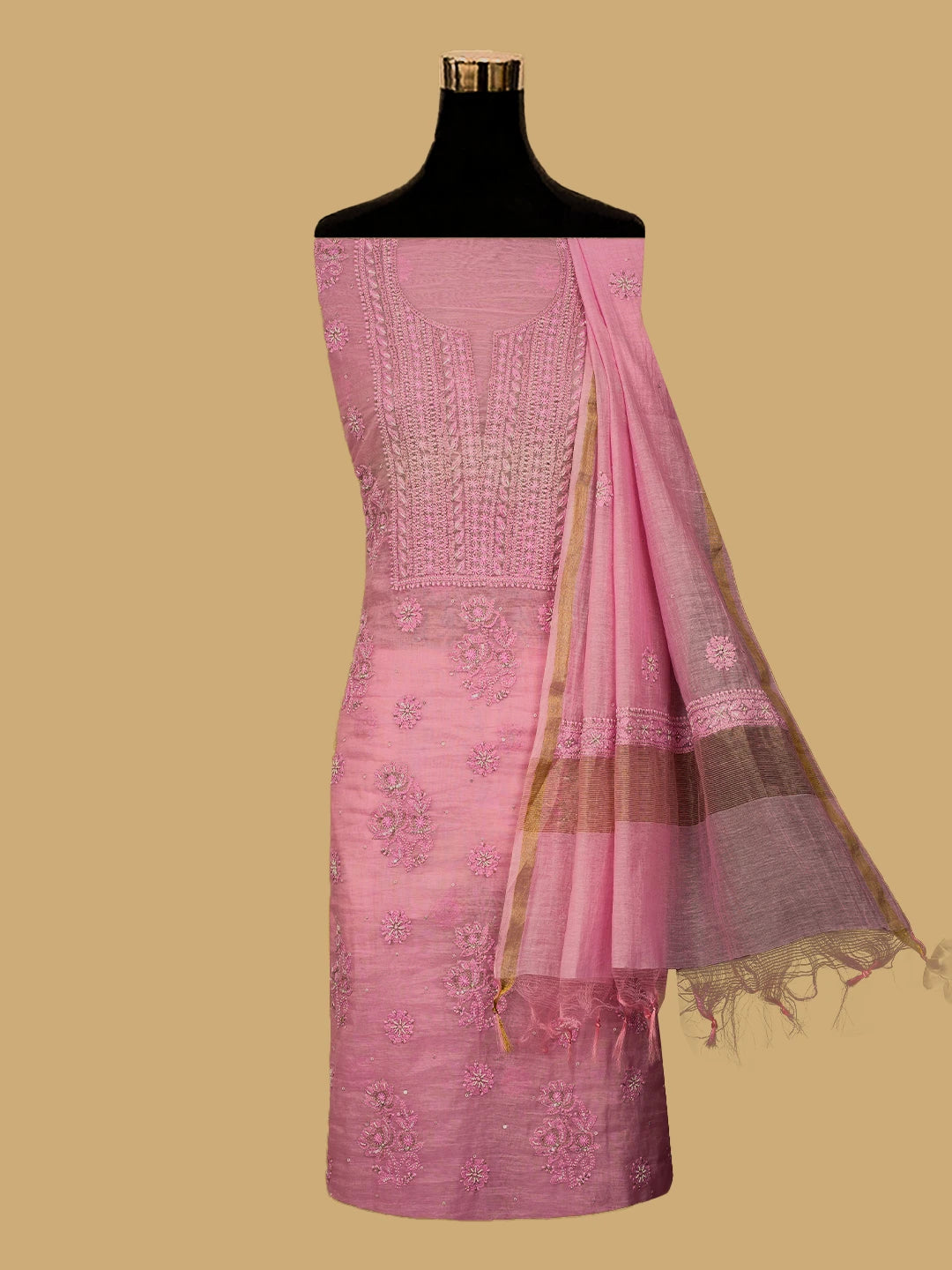 Ada Hand Embroidered Pink Chanderi Lucknowi Chikankari Unstitched Kurta Dupatta Set With Cutdana Work 01A685258