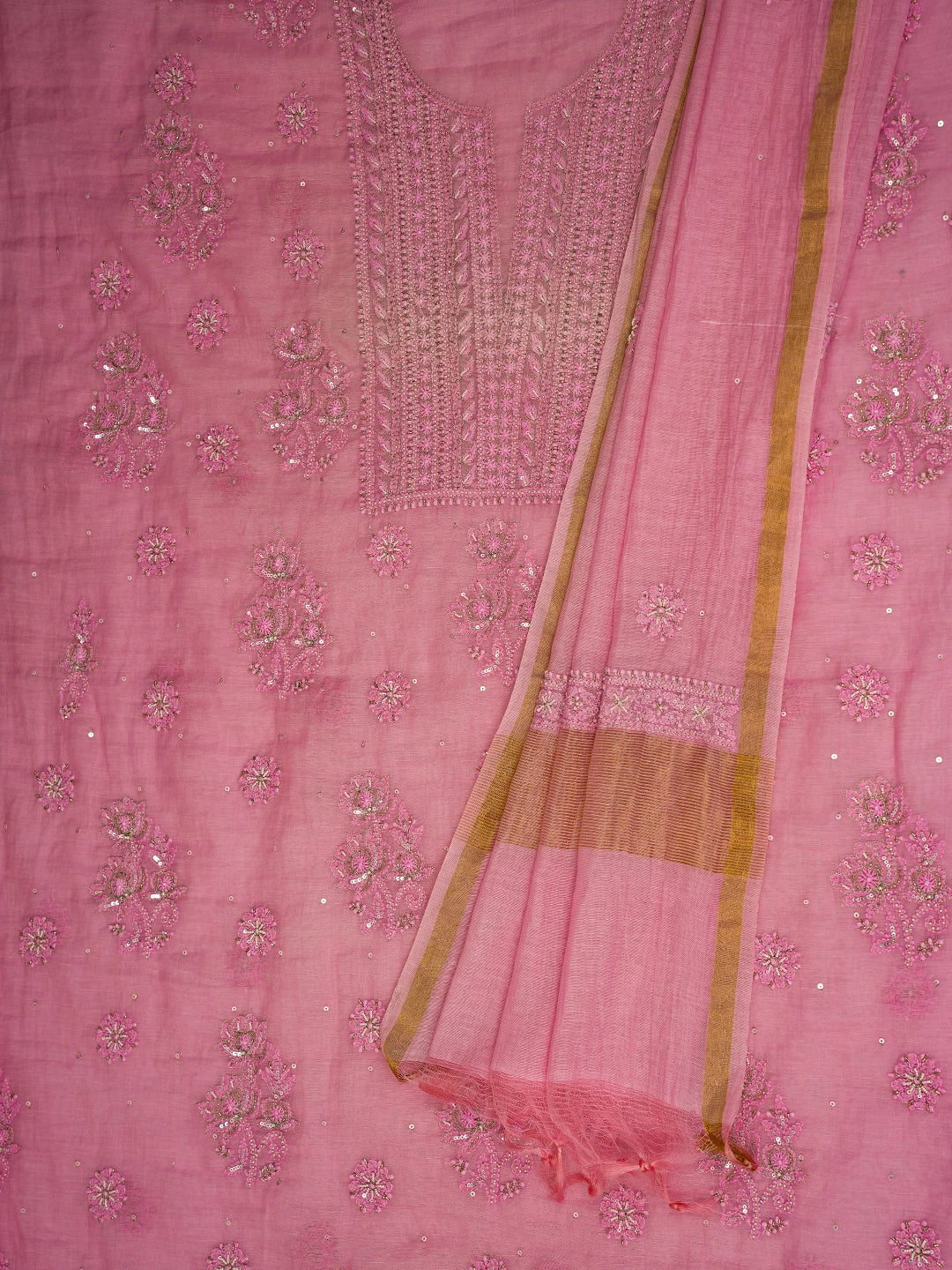 Ada Hand Embroidered Pink Chanderi Lucknowi Chikankari Unstitched Kurta Dupatta Set With Cutdana Work 01A685258