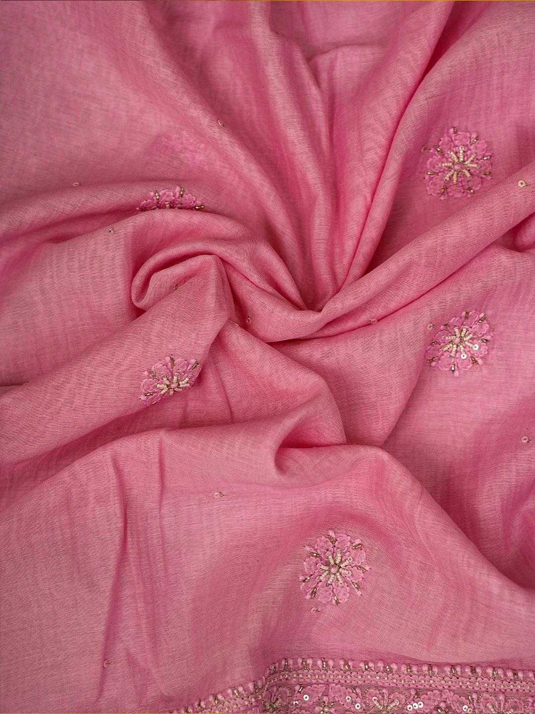 Ada Hand Embroidered Pink Chanderi Lucknowi Chikankari Unstitched Kurta Dupatta Set With Cutdana Work 01A685258