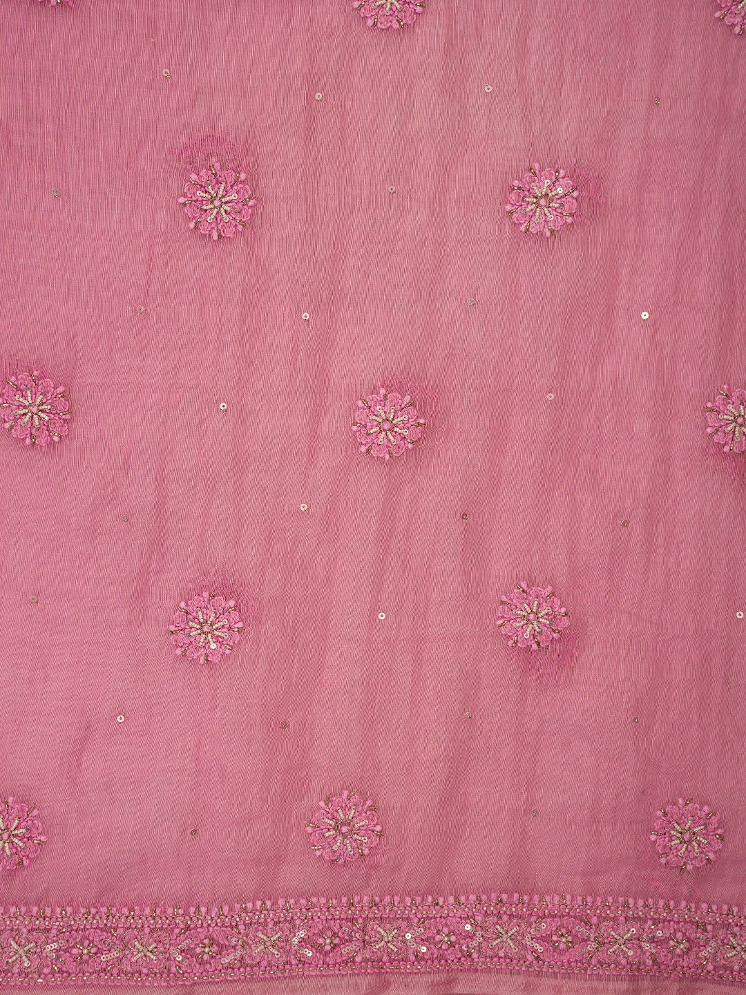 Ada Hand Embroidered Pink Chanderi Lucknowi Chikankari Unstitched Kurta Dupatta Set With Cutdana Work 01A685258