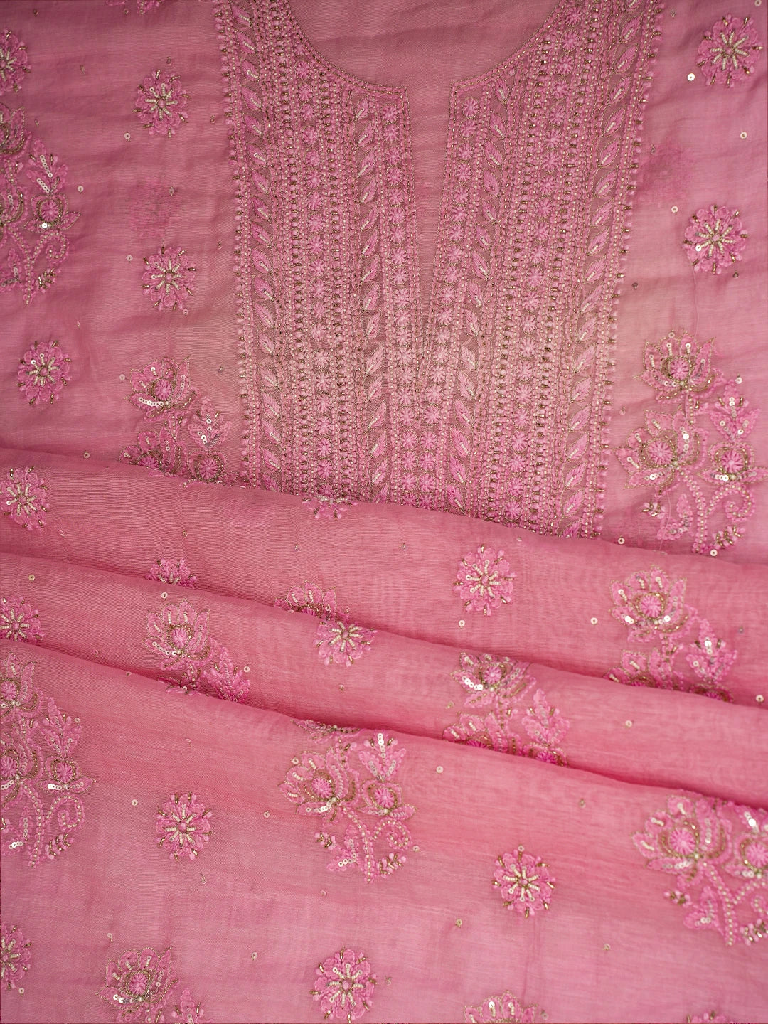 Ada Hand Embroidered Pink Chanderi Lucknowi Chikankari Unstitched Kurta Dupatta Set With Cutdana Work 01A685258