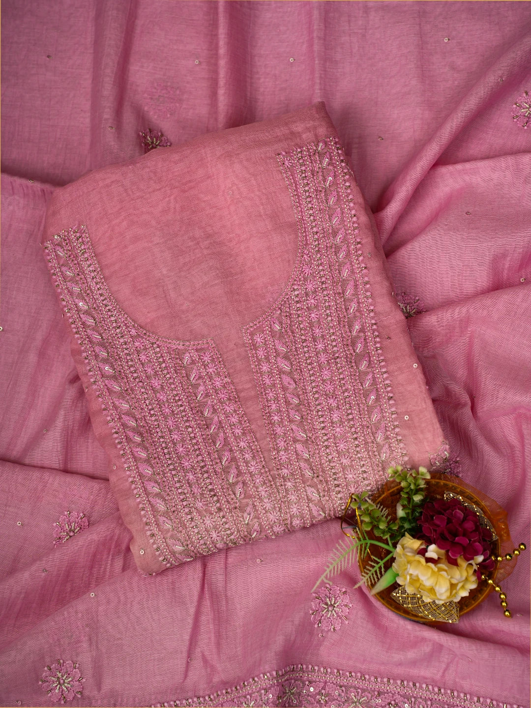 Ada Hand Embroidered Pink Chanderi Lucknowi Chikankari Unstitched Kurta Dupatta Set With Cutdana Work 01A685258