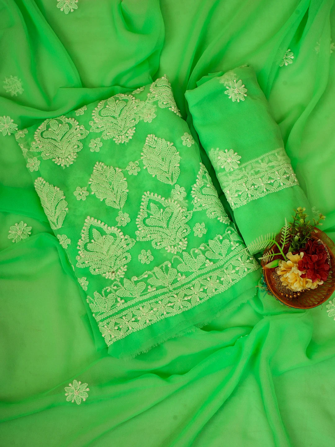 Ada Hand Embroidered Green Georgette Lucknowi Chikankari Unstitched Suit Piece 01A583202