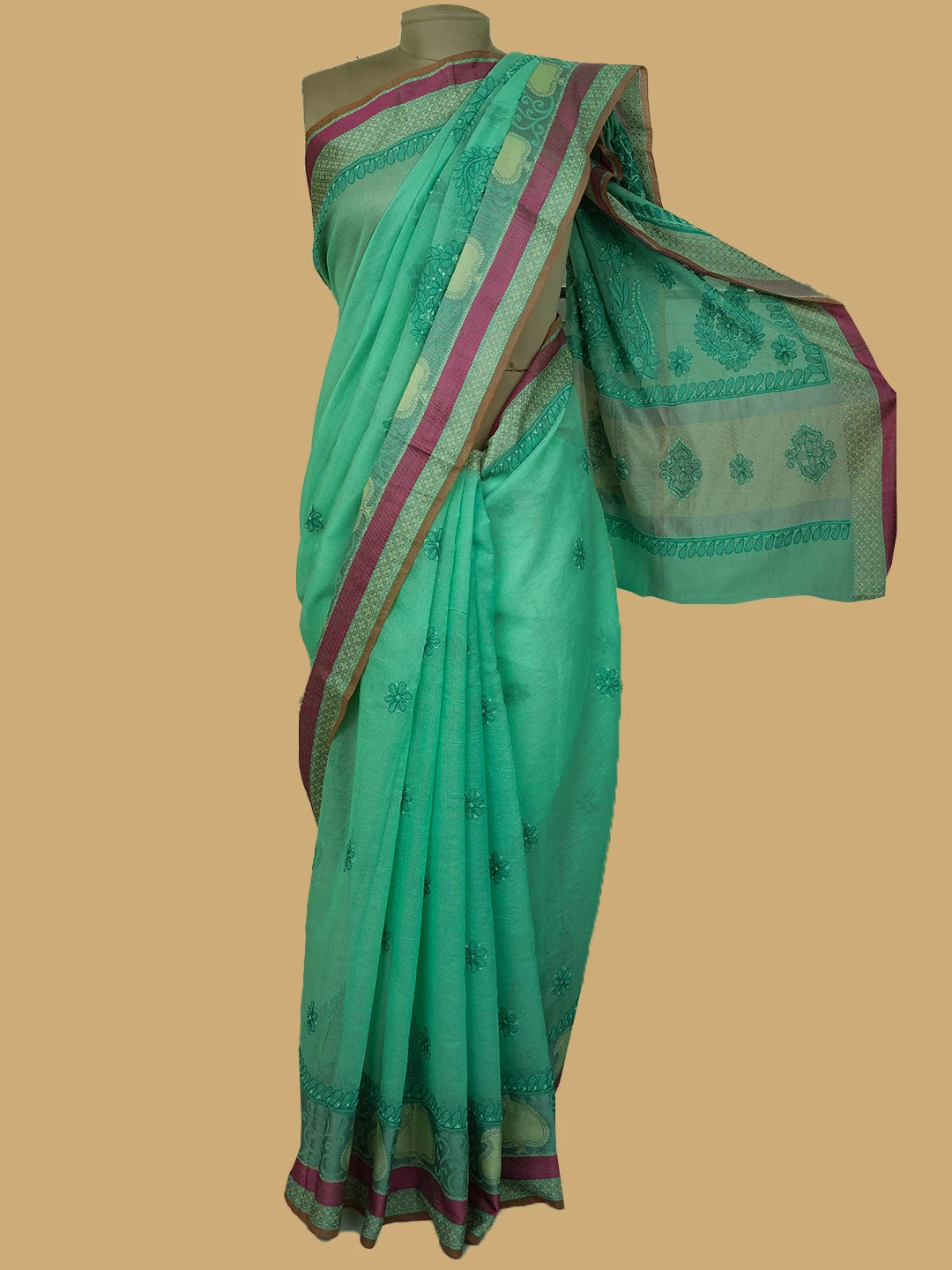 Ada Hand Embroidered Green Kota Chanderi Lucknowi Chikankari Saree and Blouse 01A680919
