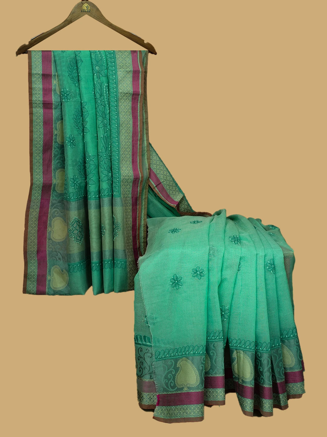 Ada Hand Embroidered Green Kota Chanderi Lucknowi Chikankari Saree and Blouse 01A680919