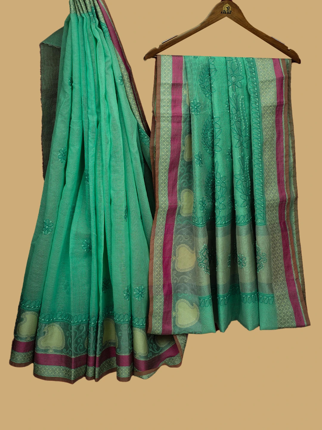 Ada Hand Embroidered Green Kota Chanderi Lucknowi Chikankari Saree and Blouse 01A680919