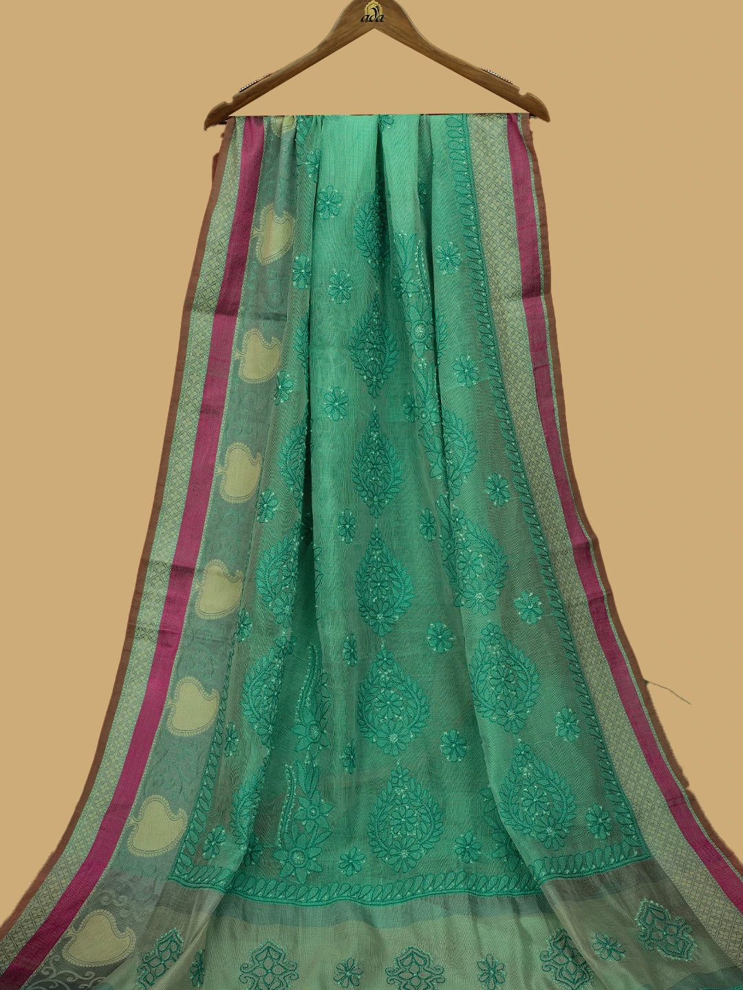 Ada Hand Embroidered Green Kota Chanderi Lucknowi Chikankari Saree and Blouse 01A680919