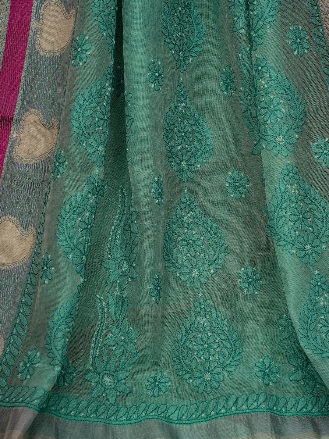 Ada Hand Embroidered Green Kota Chanderi Lucknowi Chikankari Saree and Blouse 01A680919