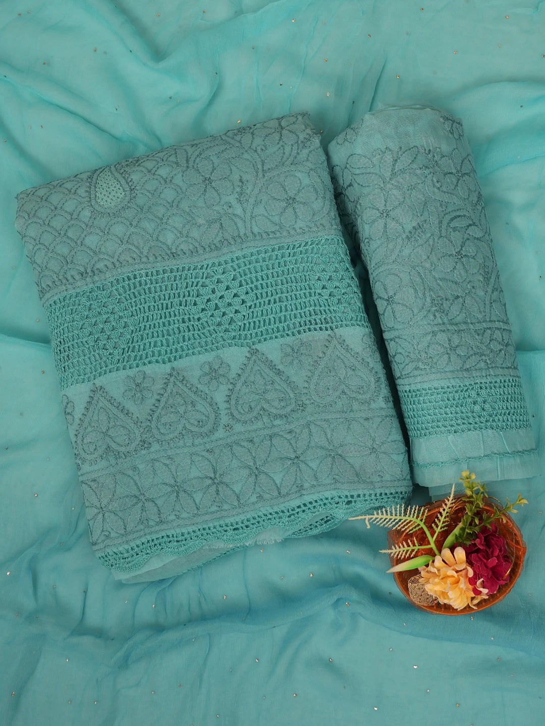 Ada Hand Embroidered Blue Cotton Lucknowi Chikankari Unstitched Suit Piece 01A692442