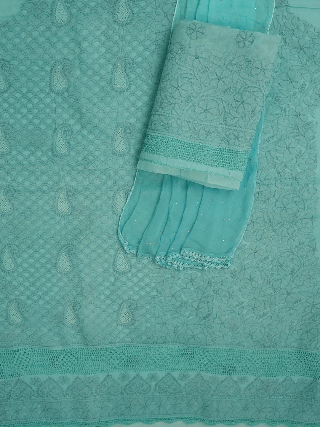 Ada Hand Embroidered Blue Cotton Lucknowi Chikankari Unstitched Suit Piece 01A692442