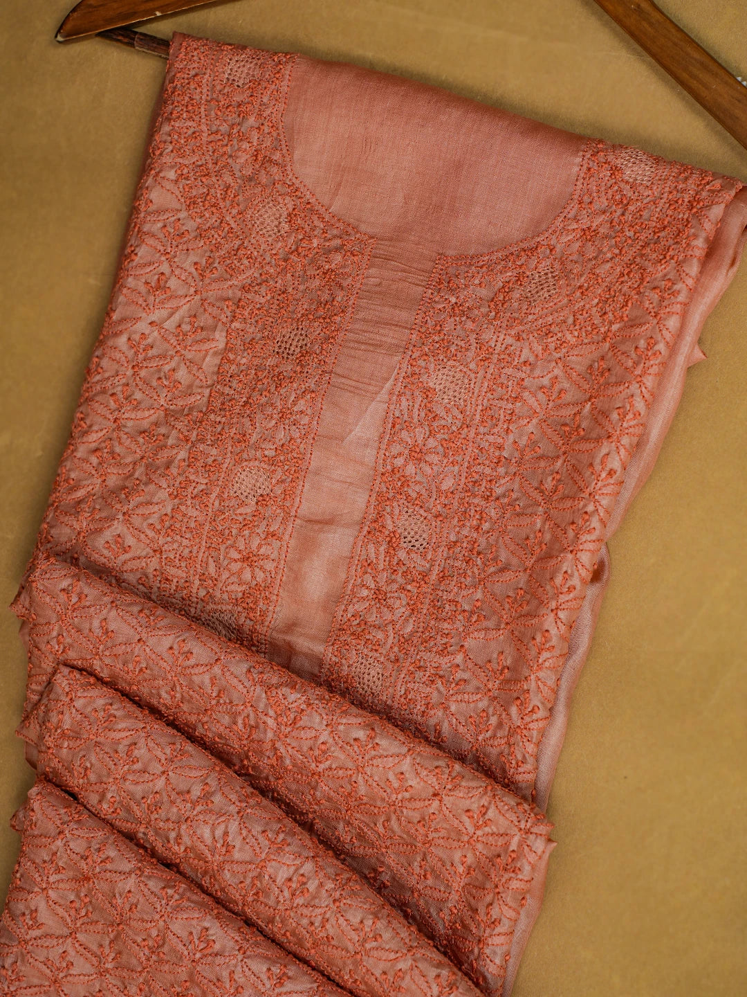 Ada Hand Embroidered Coral Peach Silk Lucknowi Chikankari Unstitched Men's Kurta Piece 01A722180