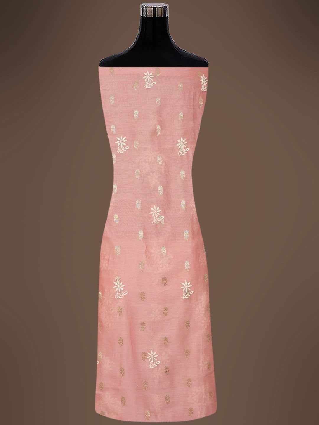 Ada Hand Embroidered Peach Chanderi Lucknowi Chikankari Unstitched Kurta Dupatta Set With Zari Work 01A728032