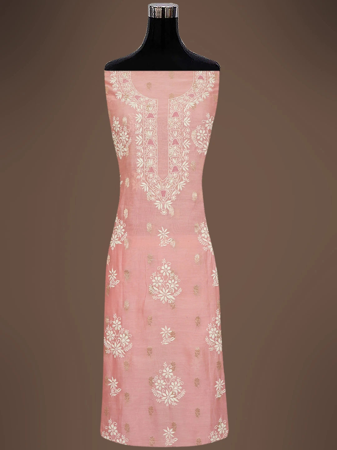 Ada Hand Embroidered Peach Chanderi Lucknowi Chikankari Unstitched Kurta Dupatta Set With Zari Work 01A728032
