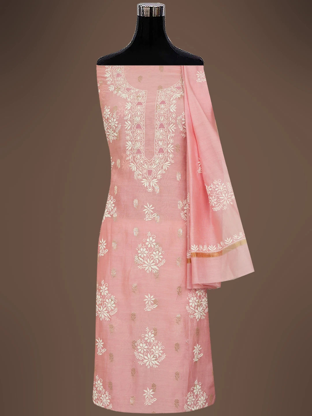 Ada Hand Embroidered Peach Chanderi Lucknowi Chikankari Unstitched Kurta Dupatta Set With Zari Work 01A728032
