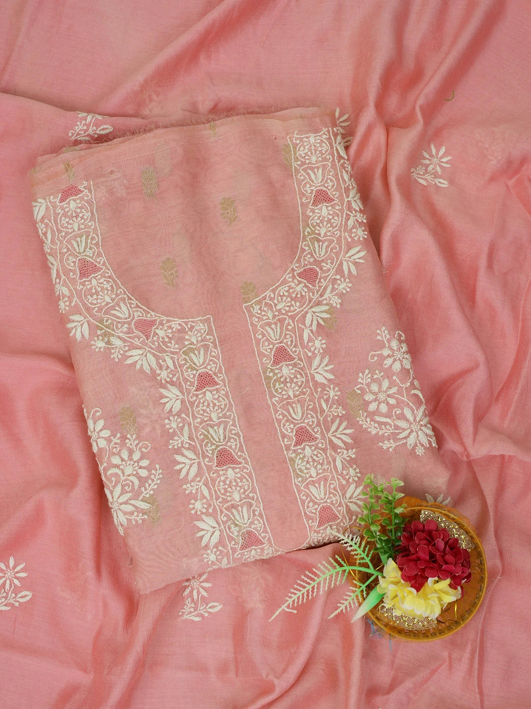 Ada Hand Embroidered Peach Chanderi Lucknowi Chikankari Unstitched Kurta Dupatta Set With Zari Work 01A728032