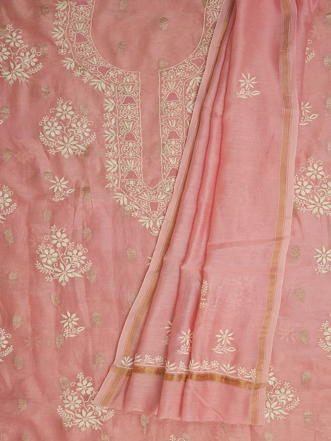 Ada Hand Embroidered Peach Chanderi Lucknowi Chikankari Unstitched Kurta Dupatta Set With Zari Work 01A728032