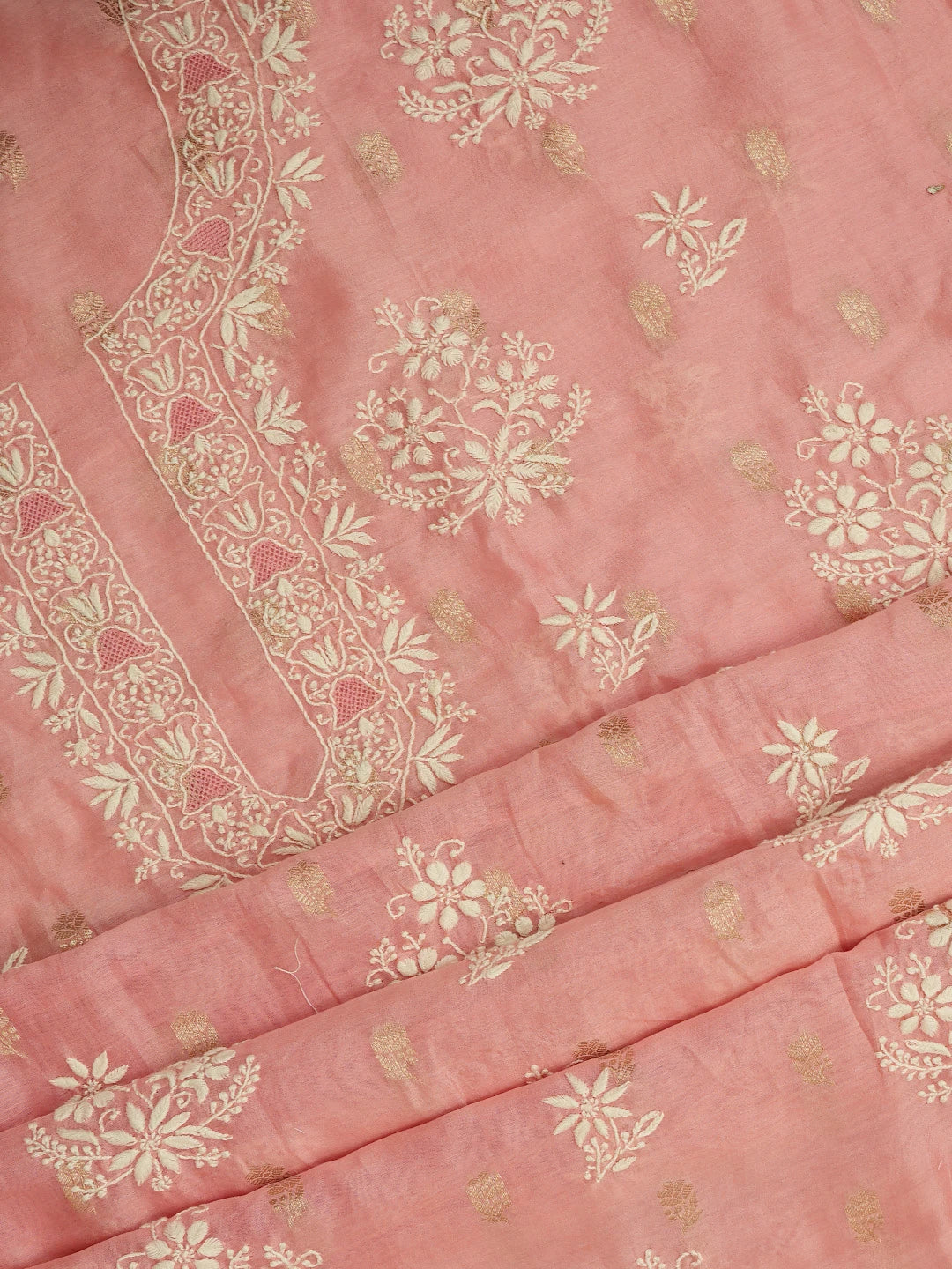 Ada Hand Embroidered Peach Chanderi Lucknowi Chikankari Unstitched Kurta Dupatta Set With Zari Work 01A728032