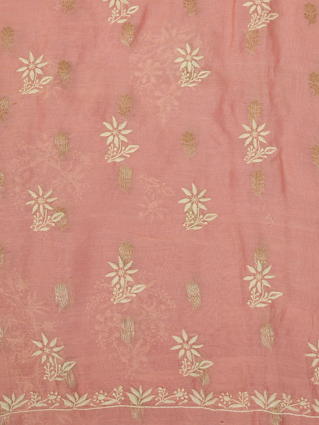 Ada Hand Embroidered Peach Chanderi Lucknowi Chikankari Unstitched Kurta Dupatta Set With Zari Work 01A728032