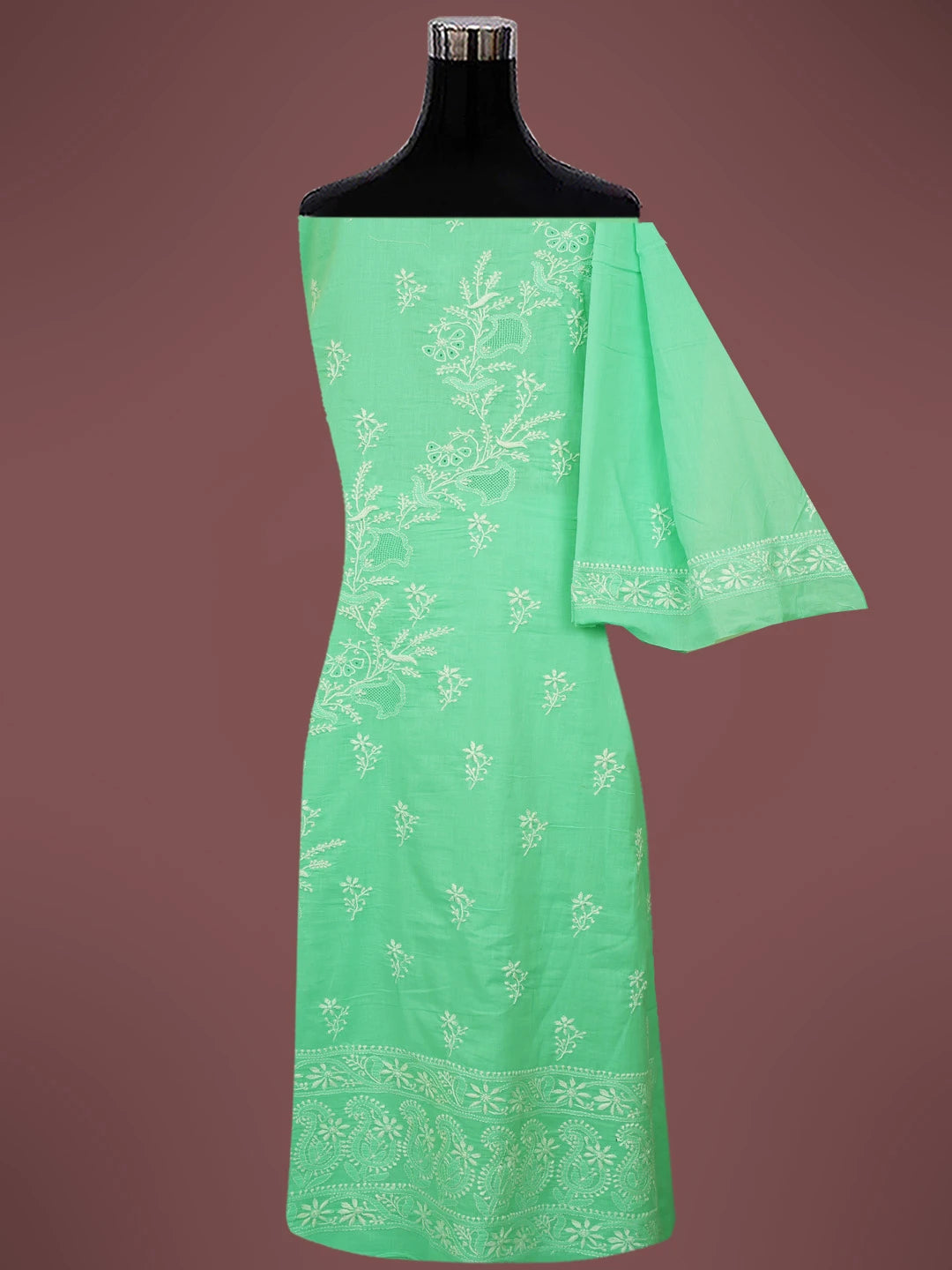 Ada Hand Embroidered Seafoam Green Cotton Lucknowi Chikankari Unstitched Kurta Dupatta Set 01A728042