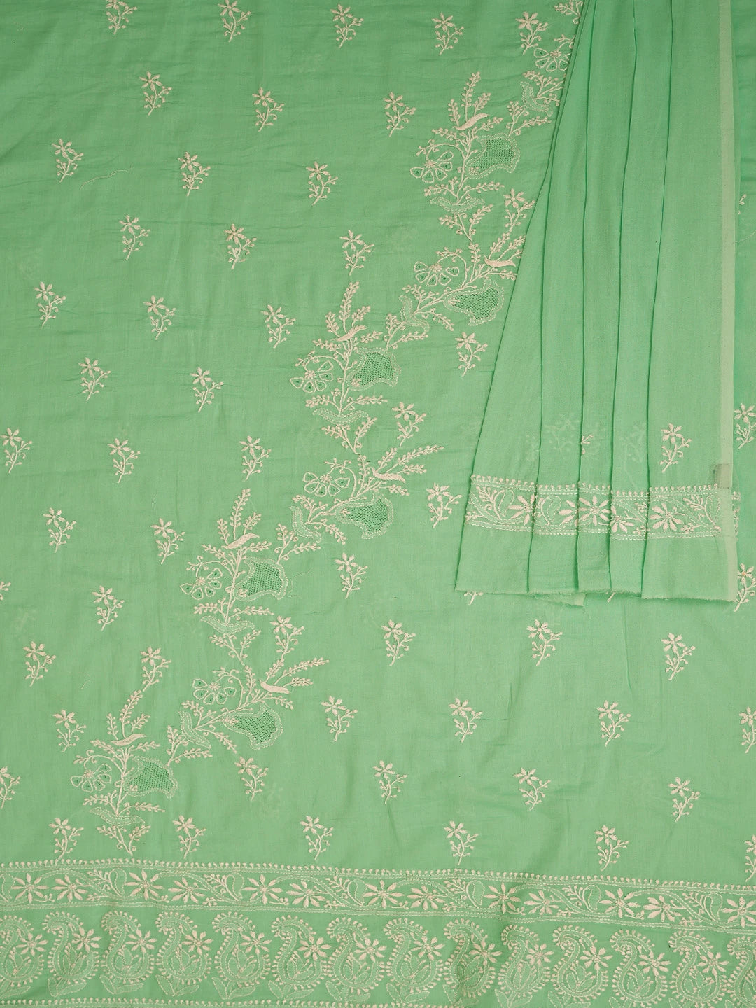 Ada Hand Embroidered Seafoam Green Cotton Lucknowi Chikankari Unstitched Kurta Dupatta Set 01A728042