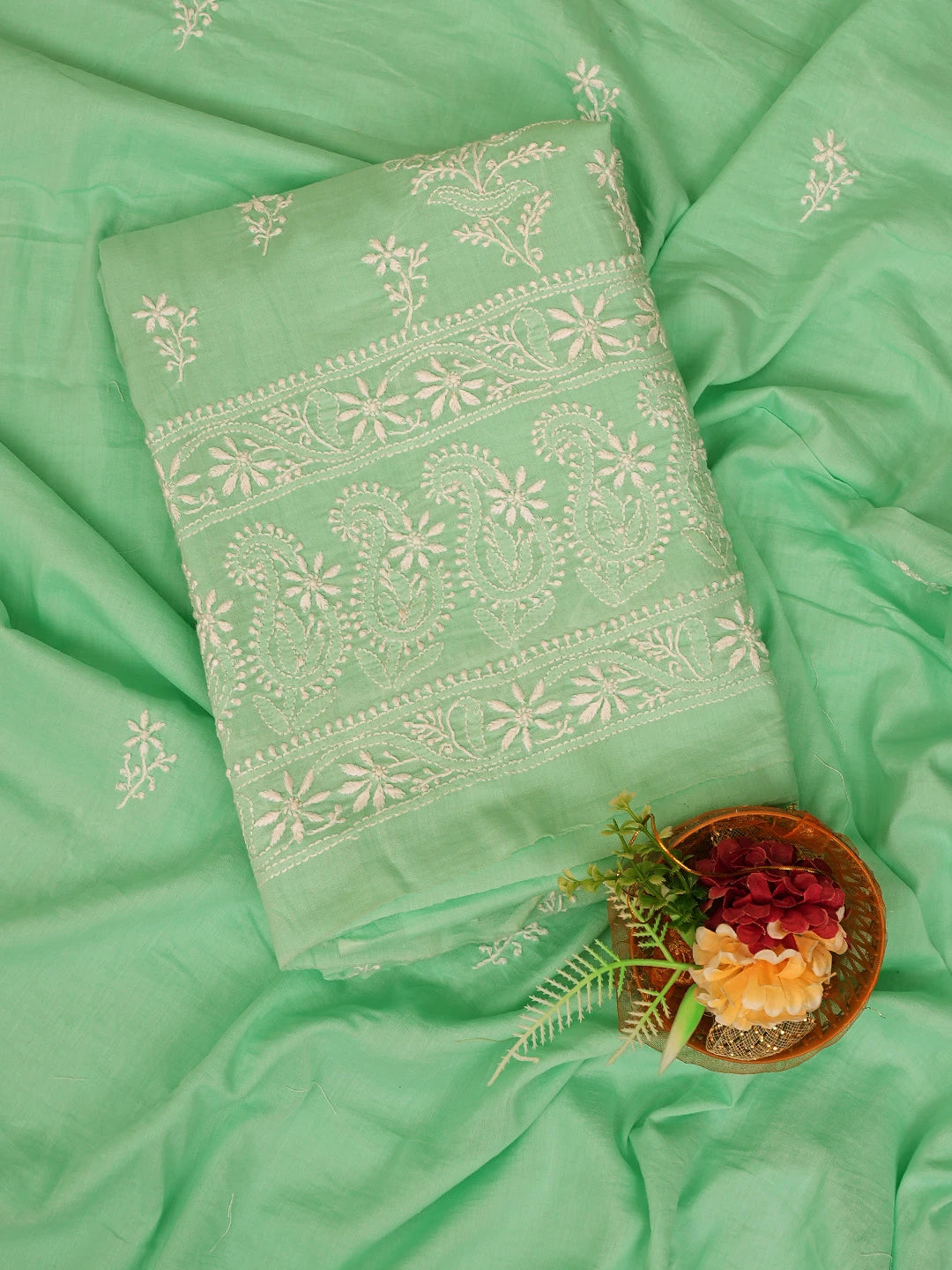 Ada Hand Embroidered Seafoam Green Cotton Lucknowi Chikankari Unstitched Kurta Dupatta Set 01A728042