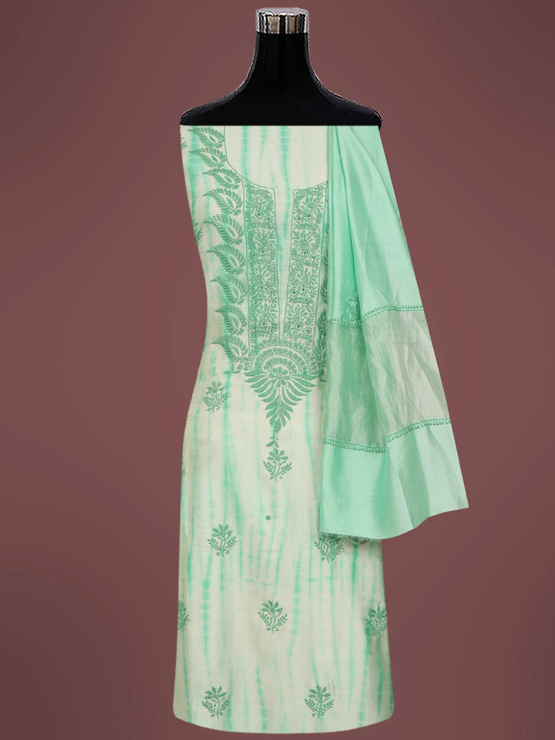 Ada Hand Embroidered Sea Green Silk Lucknowi Chikankari Unstitched Kurta Dupatta Set 01A728057