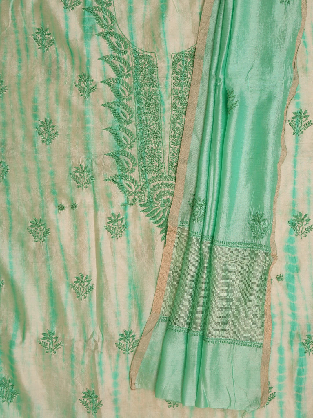 Ada Hand Embroidered Sea Green Silk Lucknowi Chikankari Unstitched Kurta Dupatta Set 01A728057