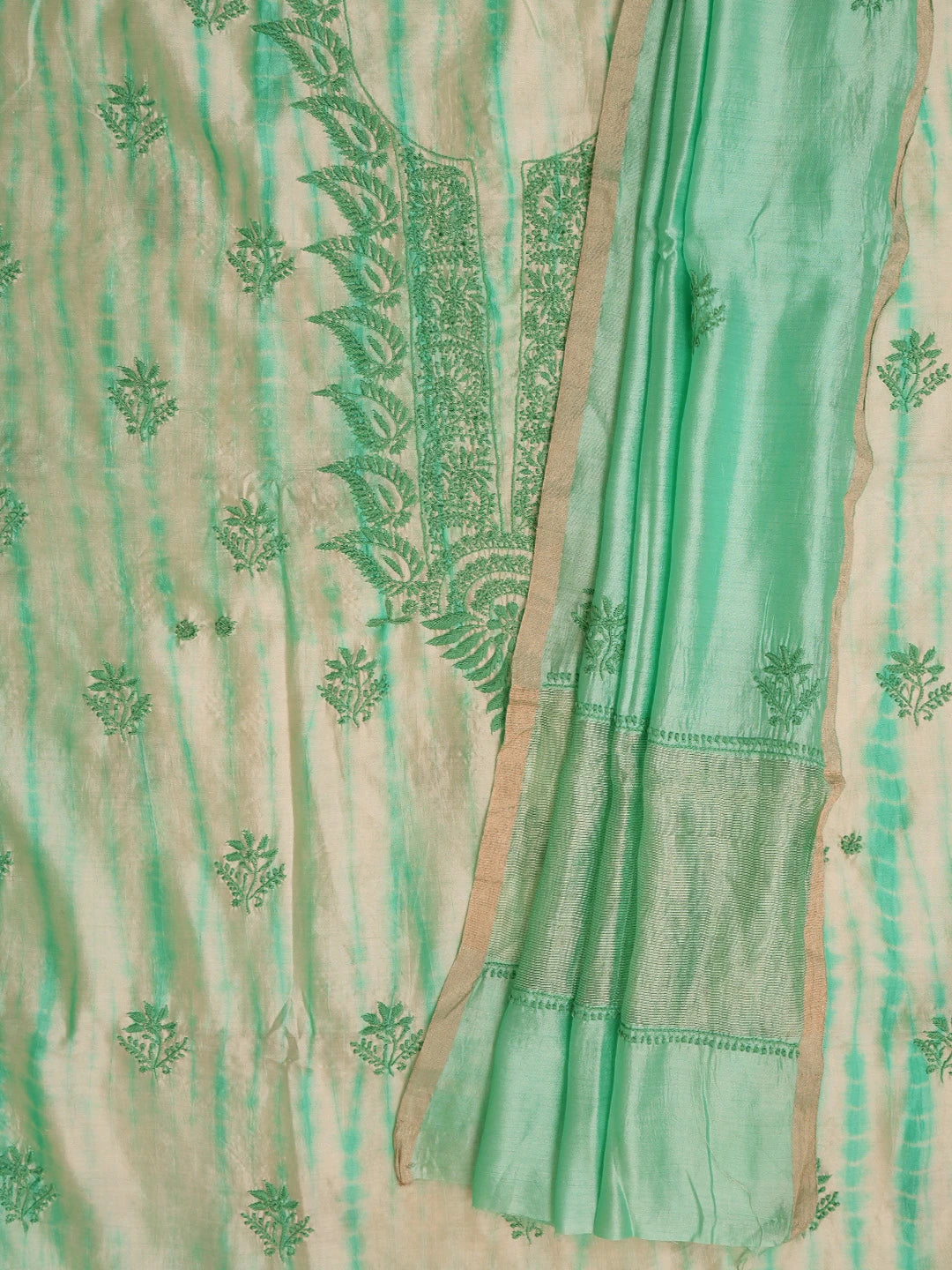 Ada Hand Embroidered Sea Green Silk Lucknowi Chikankari Unstitched Kurta Dupatta Set 01A728057