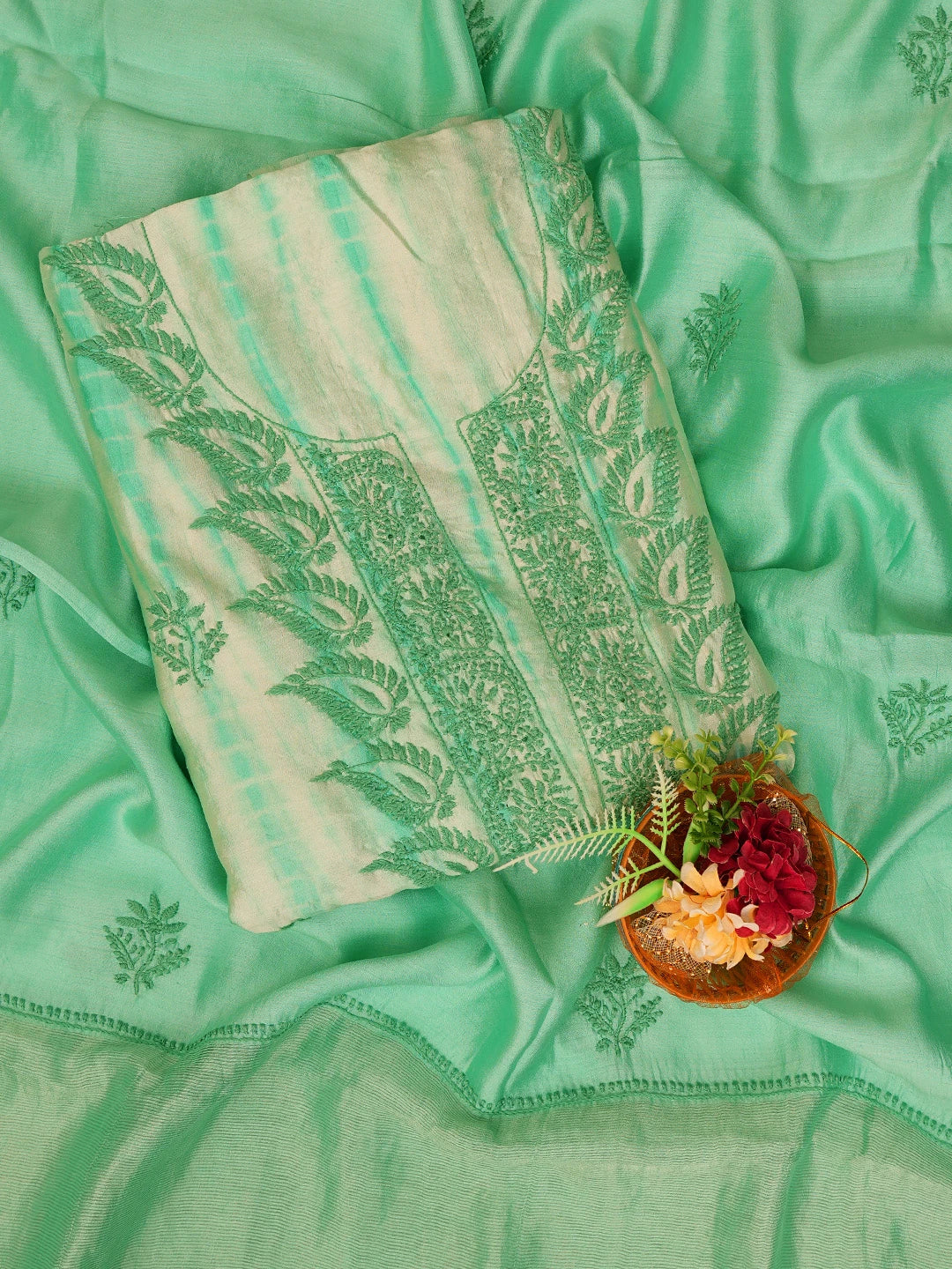 Ada Hand Embroidered Sea Green Silk Lucknowi Chikankari Unstitched Kurta Dupatta Set 01A728057
