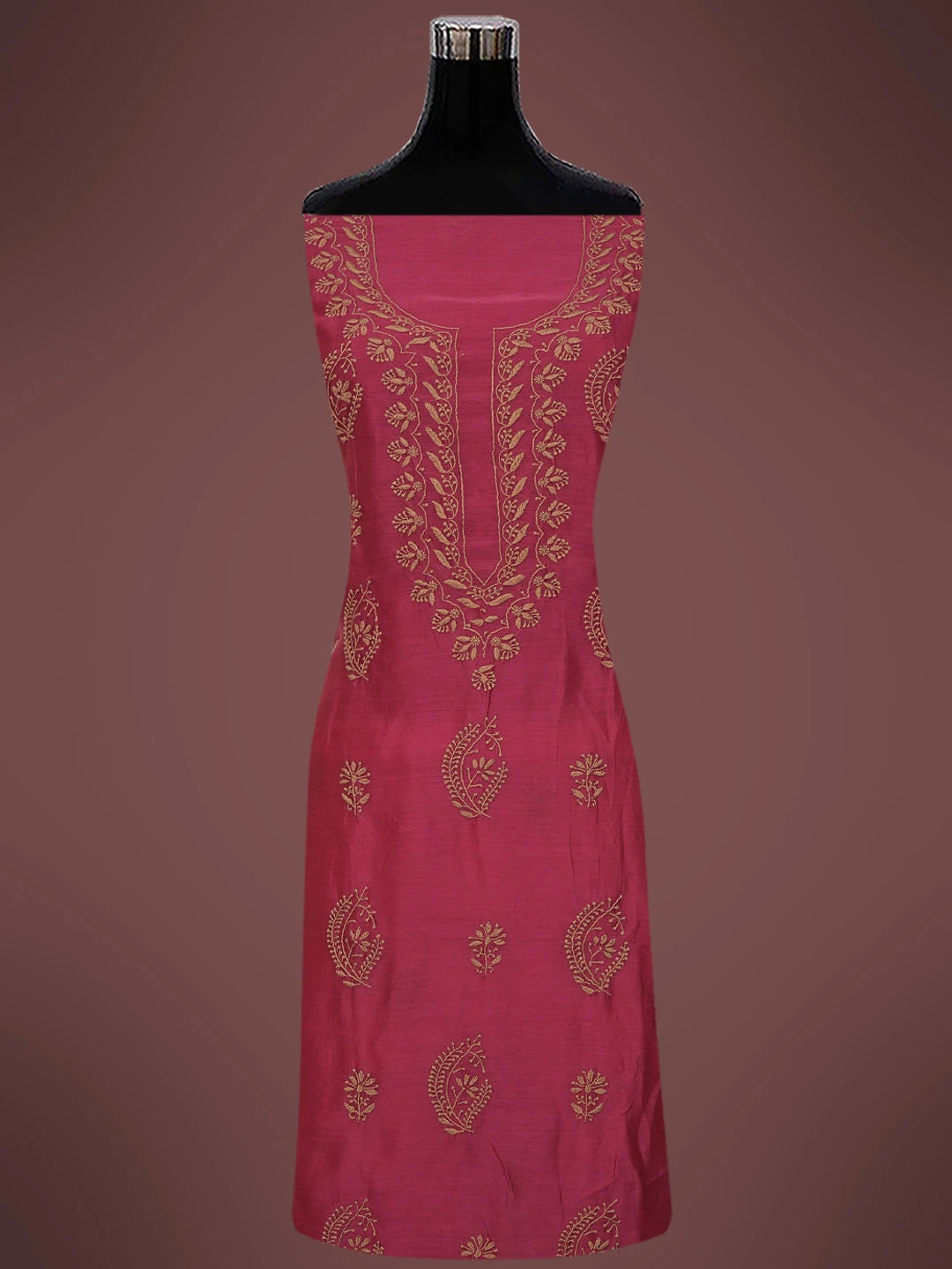 Ada Hand Embroidered Magenta Chanderi Lucknowi Chikankari Unstitched Kurta Dupatta Set 01A702256