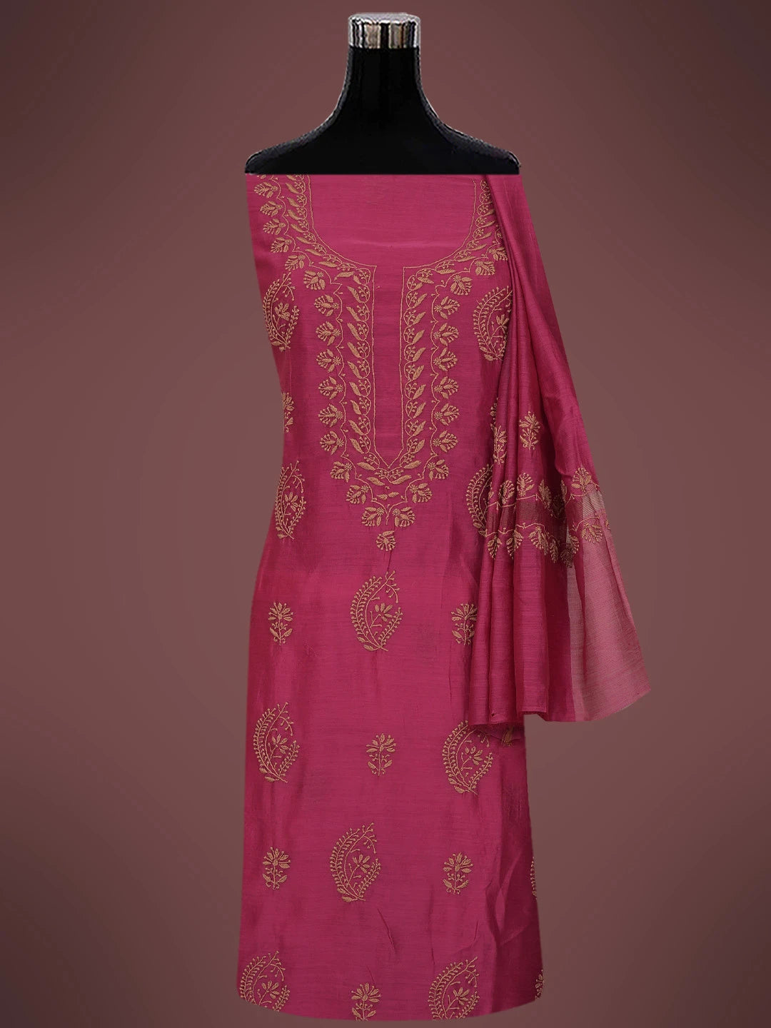 Ada Hand Embroidered Magenta Chanderi Lucknowi Chikankari Unstitched Kurta Dupatta Set 01A702256