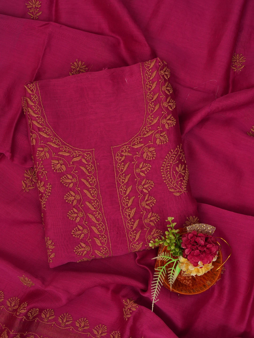 Ada Hand Embroidered Magenta Chanderi Lucknowi Chikankari Unstitched Kurta Dupatta Set 01A702256