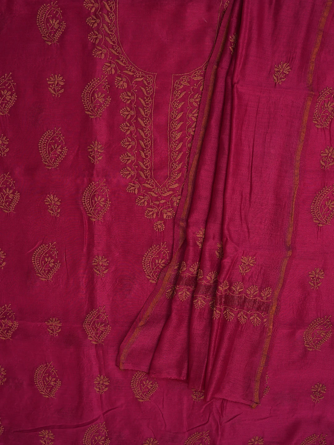 Ada Hand Embroidered Magenta Chanderi Lucknowi Chikankari Unstitched Kurta Dupatta Set 01A702256