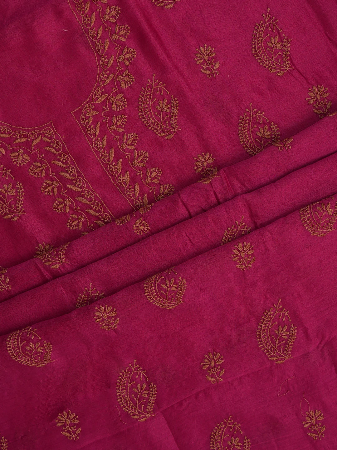 Ada Hand Embroidered Magenta Chanderi Lucknowi Chikankari Unstitched Kurta Dupatta Set 01A702256
