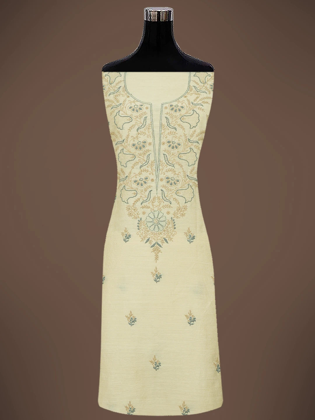 Ada Hand Embroidered Fawn Moonga Silk Lucknowi Chikankari Unstitched Kurta Dupatta Set 01A644574