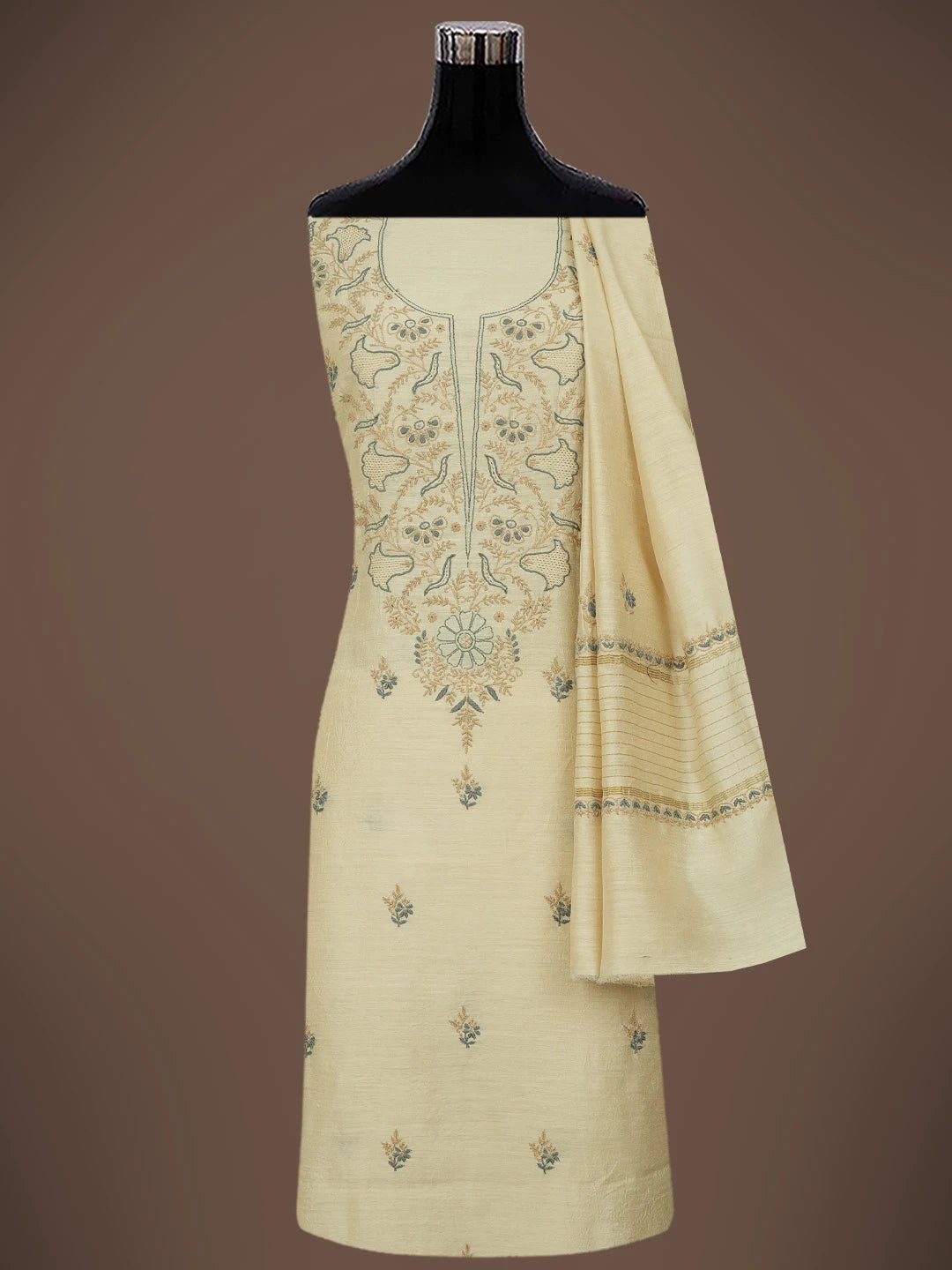 Ada Hand Embroidered Fawn Moonga Silk Lucknowi Chikankari Unstitched Kurta Dupatta Set 01A644574