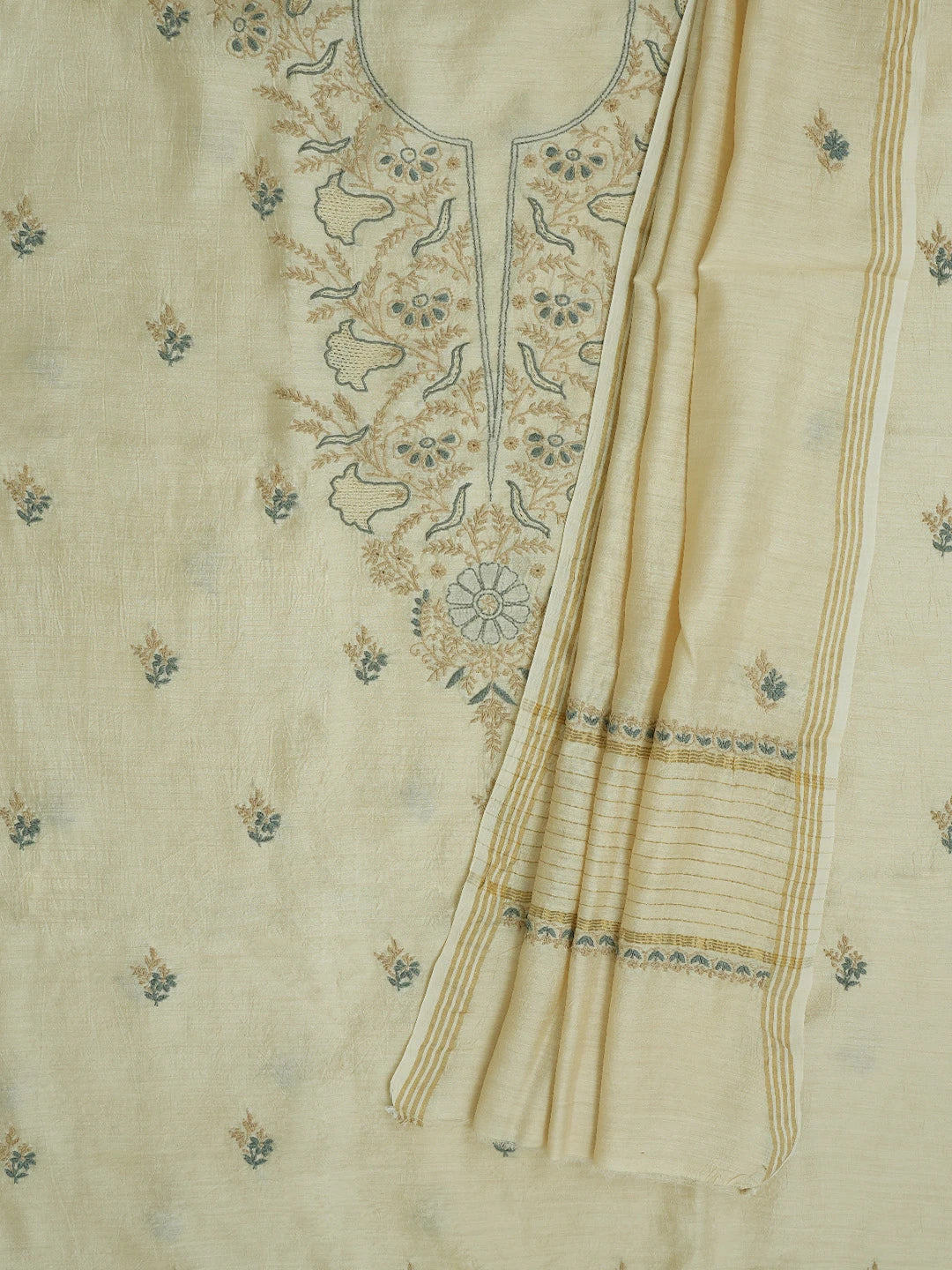 Ada Hand Embroidered Fawn Moonga Silk Lucknowi Chikankari Unstitched Kurta Dupatta Set 01A644574