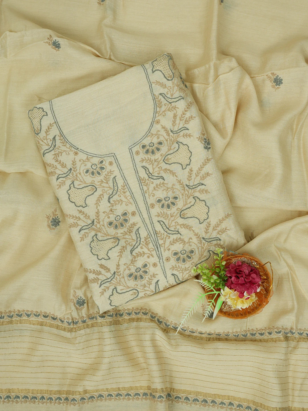 Ada Hand Embroidered Fawn Moonga Silk Lucknowi Chikankari Unstitched Kurta Dupatta Set 01A644574
