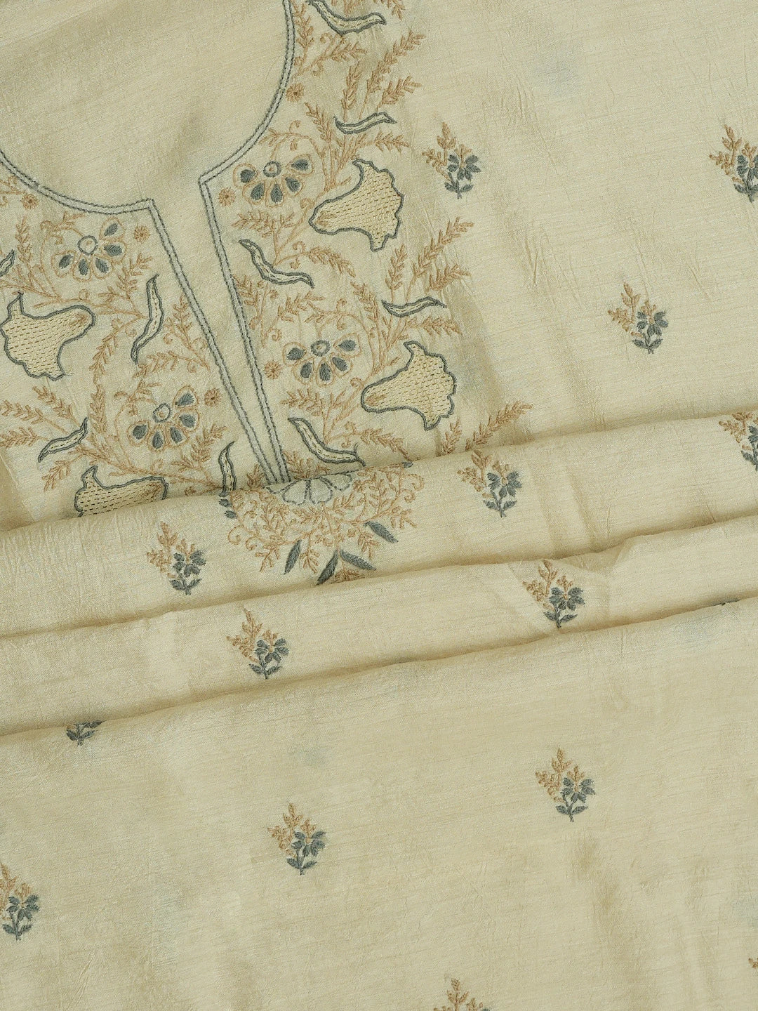Ada Hand Embroidered Fawn Moonga Silk Lucknowi Chikankari Unstitched Kurta Dupatta Set 01A644574