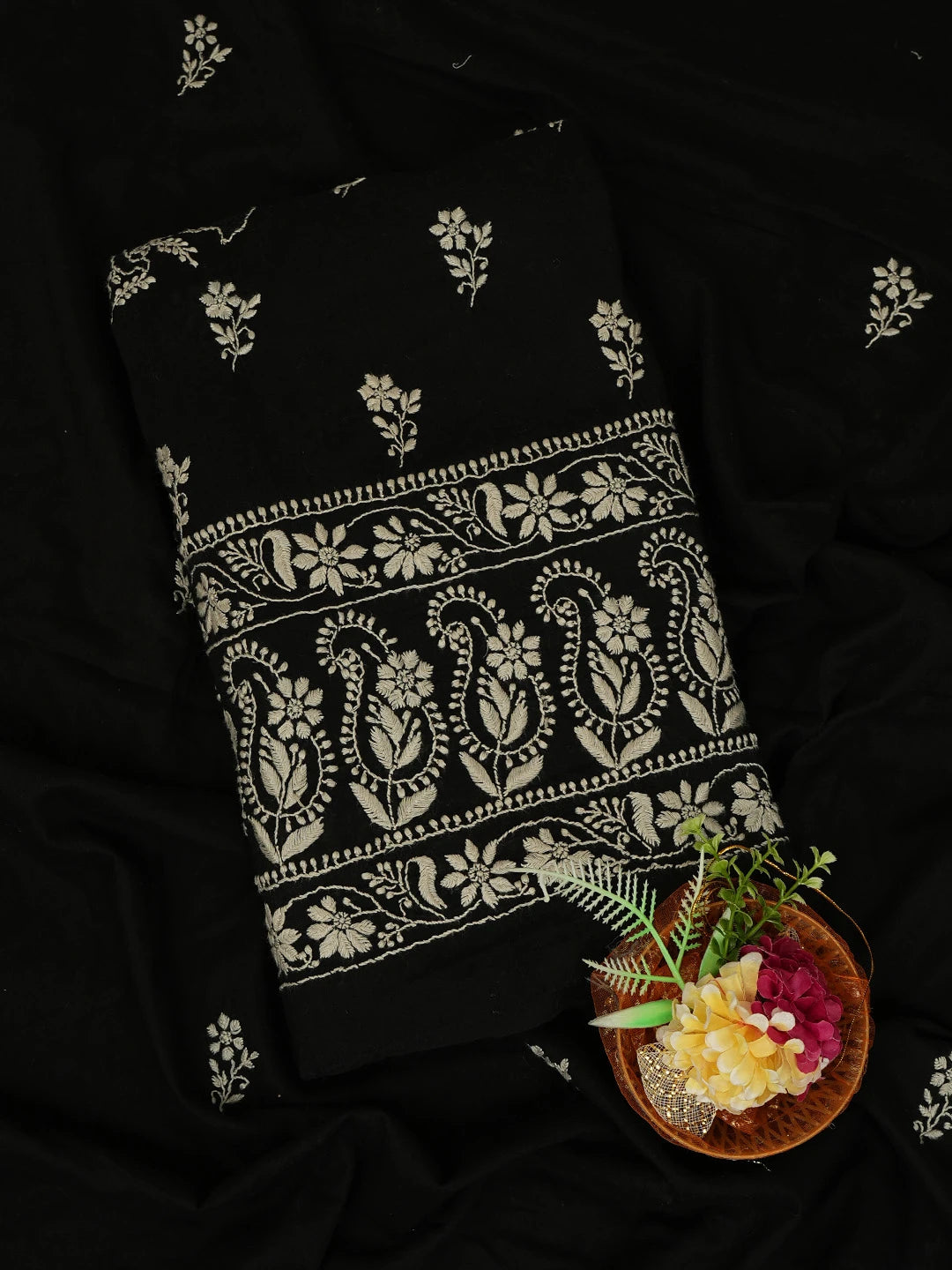 Ada Hand Embroidered Black Cotton Lucknowi Chikankari Unstitched Kurta Dupatta Set 01A727761