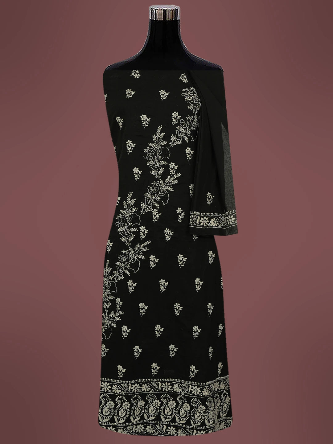 Ada Hand Embroidered Black Cotton Lucknowi Chikankari Unstitched Kurta Dupatta Set 01A727761