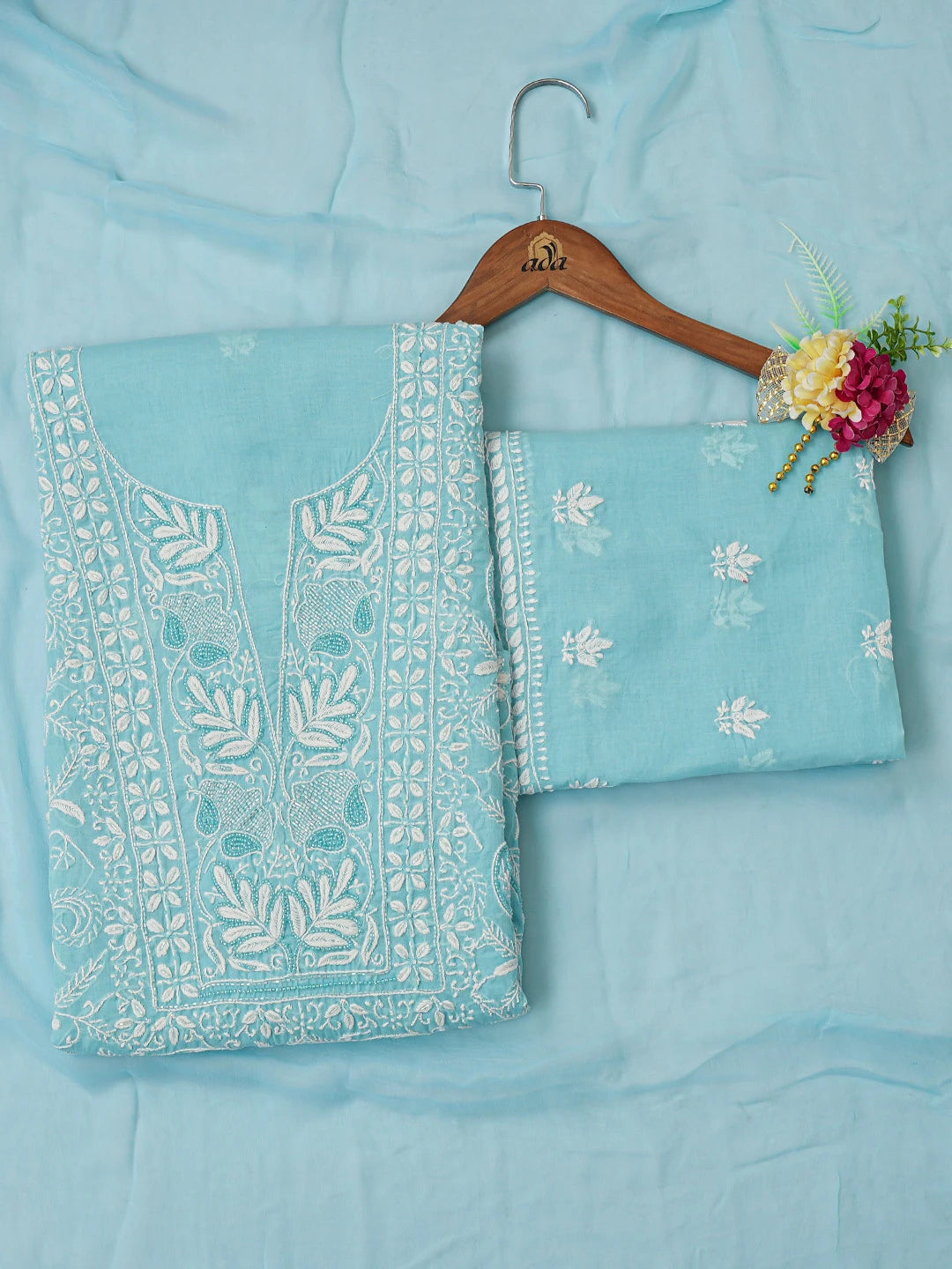 Ada Hand Embroidered Picton Blue Cotton Lucknowi Chikankari Unstitched Suit Piece With Cutdana Work 01A679252