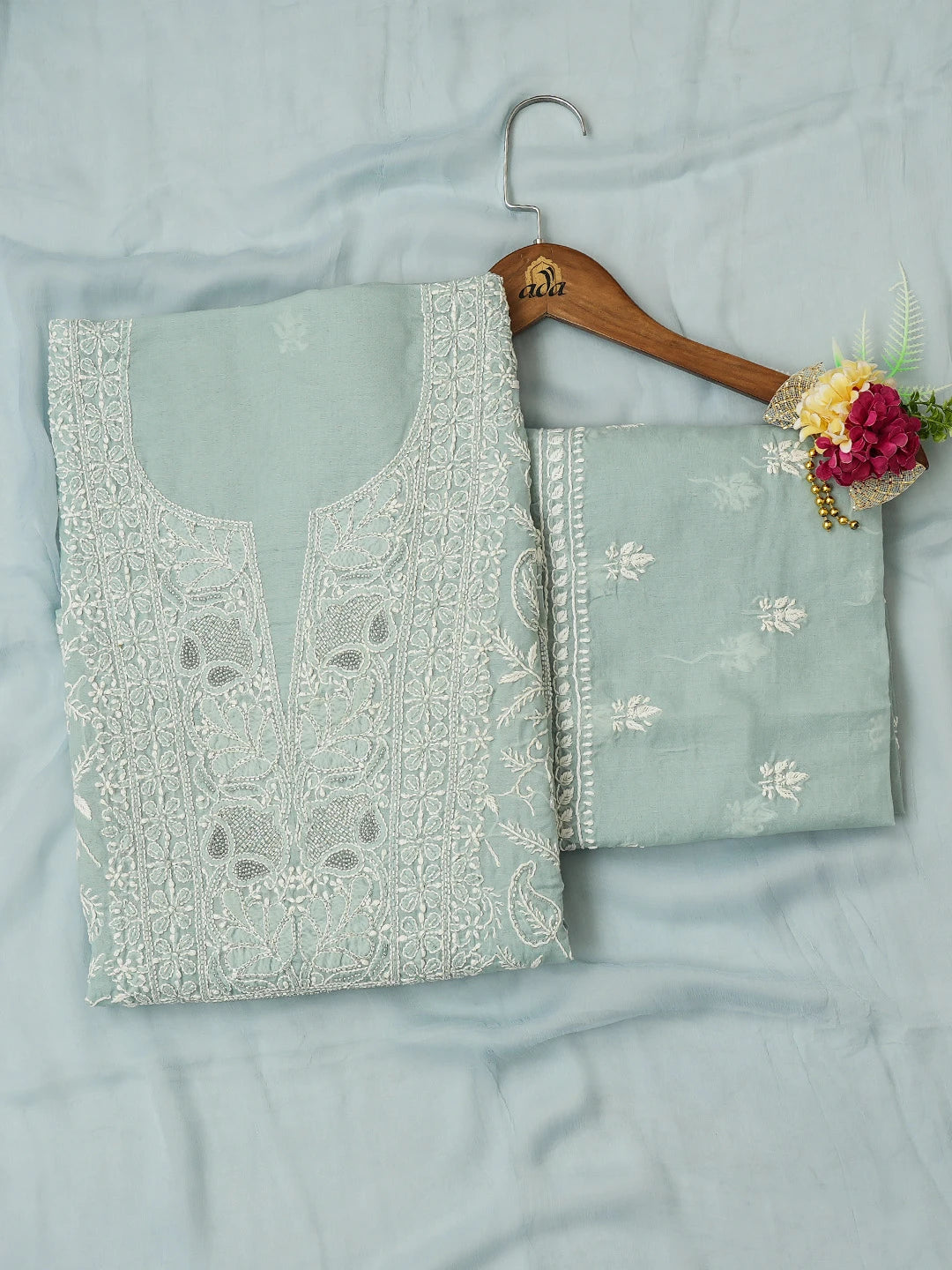 Ada Hand Embroidered Aqua Clear Blue Cotton Lucknowi Chikankari Unstitched Suit Piece With Cutdana Work 01A678203