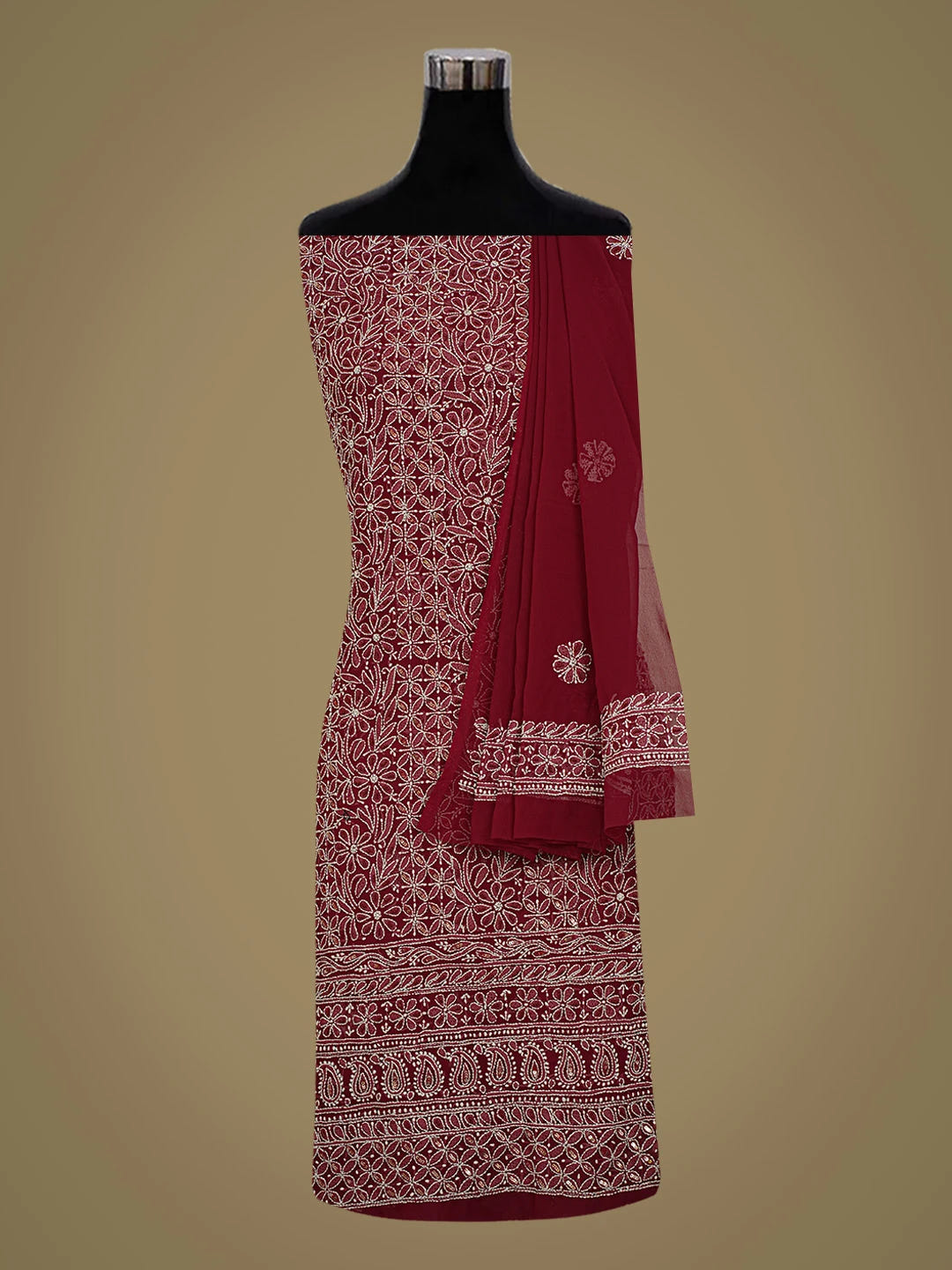 Ada Hand Embroidered Maroon Georgette Lucknowi Chikankari Unstitched Suit Piece With Cutdana Work 01A678994