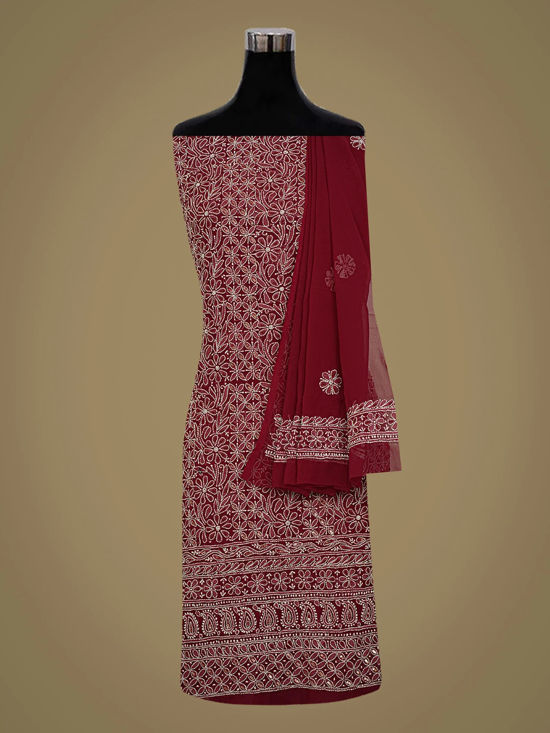 Ada Hand Embroidered Maroon Georgette Lucknowi Chikankari Unstitched Suit Piece With Cutdana Work 01A678994